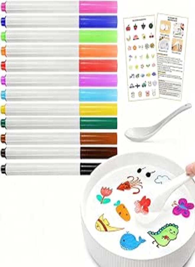 QETRABONE 12-Color Magical Water Painting Pen, Painting Floating Water Pens Bath Colouring Pens for Kids,Erasable Doodle Markers Pen Watercolor Pen Set, Improve Drawing and Imagination (with spoon)